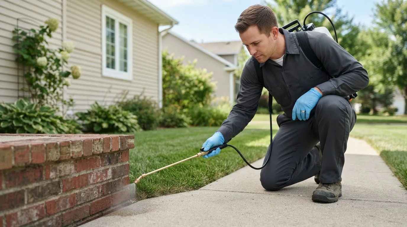 Pest control technician treating a home near Conneaut, OH