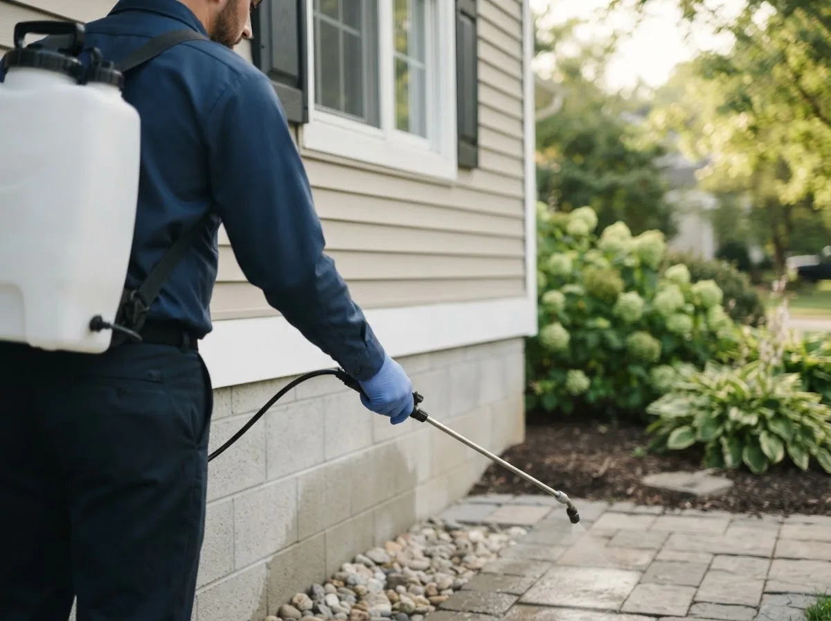 Pest control technician inspecting a home in Conneaut, OH